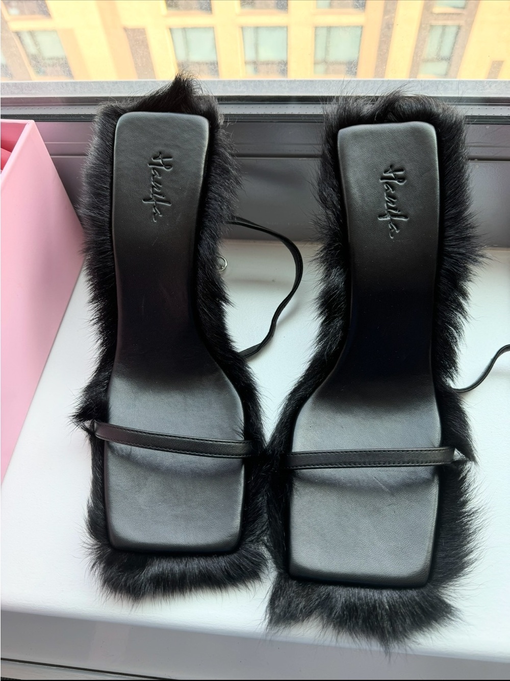 Hanifa “SAHAR”  Black Faux Fur Square-Toe Heels